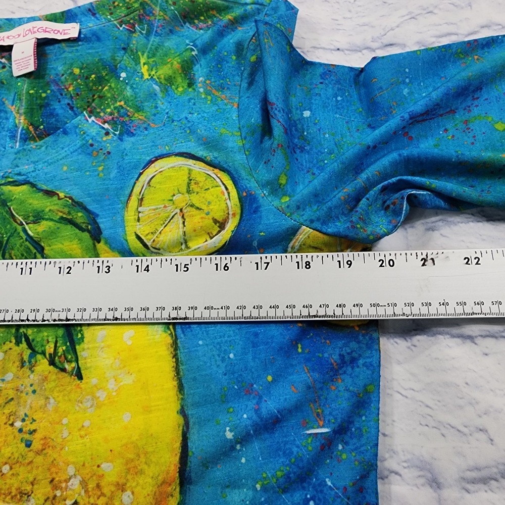 Leoma Lovegrove Shirt WOMENS M Lemon Blue Art Tunic 3/4 Sleeve Asymmetrical Top - Picture 8 of 13